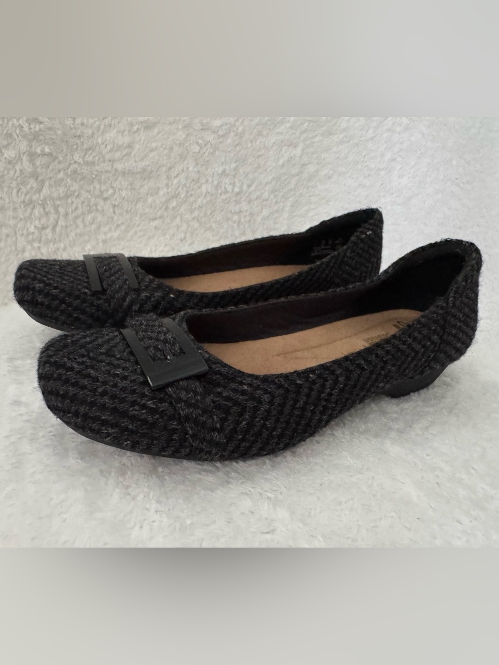 Clarks Cushion Soft black/gray herringbone tweed textile flats size 7.5M womens - Picture 5 of 12